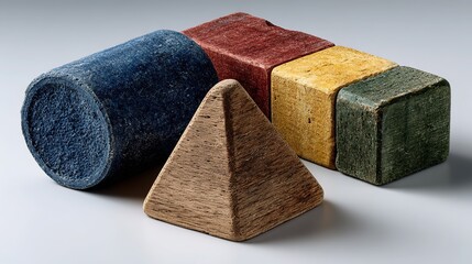 Red, yellow, and green wooden blocks arranged in a triangular structure with a blue cylinder isolated on white background. Minimalist composition symbolizing business strategy, teamwork, stable growth