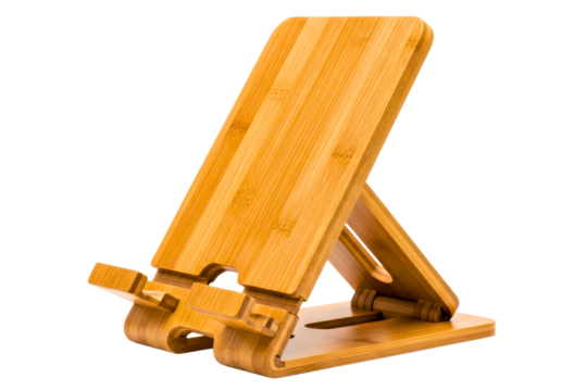 Foldable wooden bamboo stand for a tablet or mobile phone isolated on transparent background