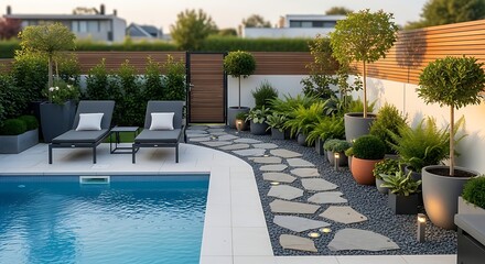 Modern poolside garden with pathway and lounge chairs