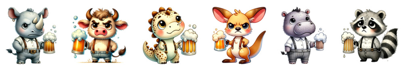 Cartoon animal with beer mug illustration for party isolated transparent background.