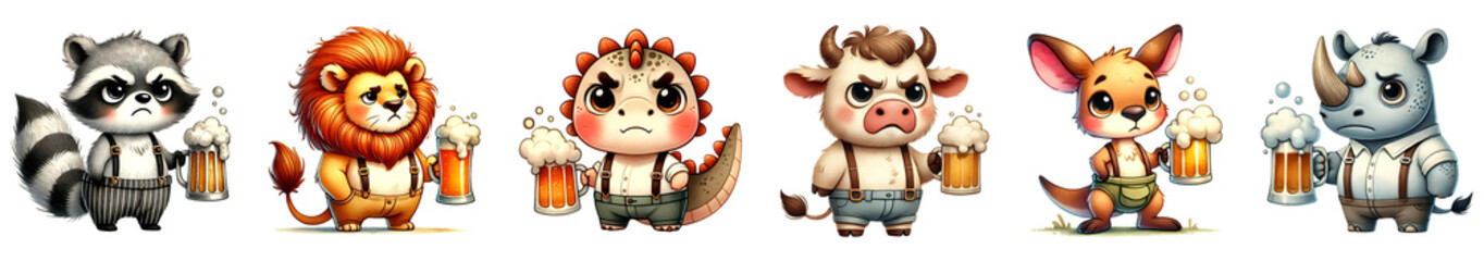 Cartoon animal with beer mug illustration for party isolated transparent background.