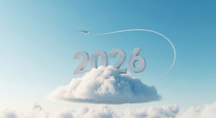 Airplane drawing 2026 in the sky above a cloud, concept for the new year and future travel
