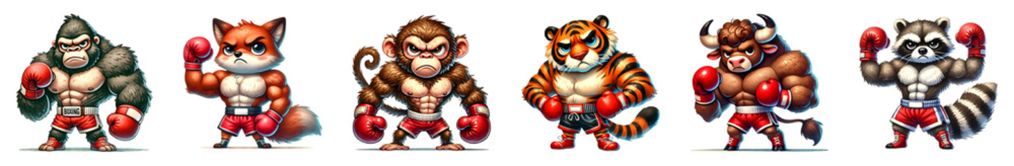 Set of strong boxing animal cartoon with muscular isolated on transparent background.