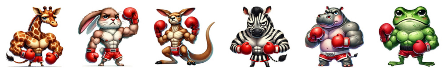Set of strong boxing animal cartoon with muscular isolated on transparent background.