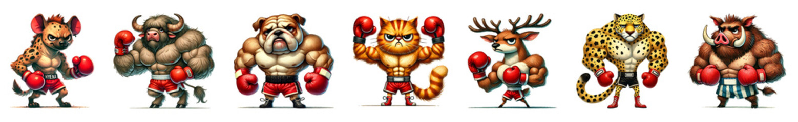 Set of strong boxing animal cartoon with muscular isolated on transparent background.
