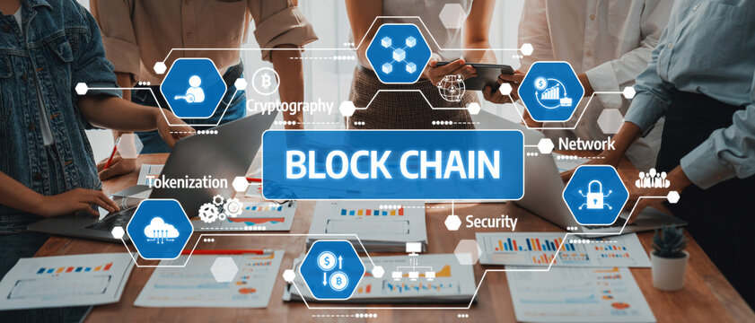This image illustrates a professional setting focused on blockchain concepts including security and network, depicting teamwork and innovation in digital finance solutions. Amity