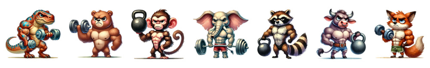 Set of muscular animals cartoon character fitness gym isolated on transparent background.