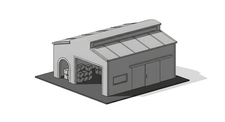 Isometric illustration of a warehouse building with goods inside.