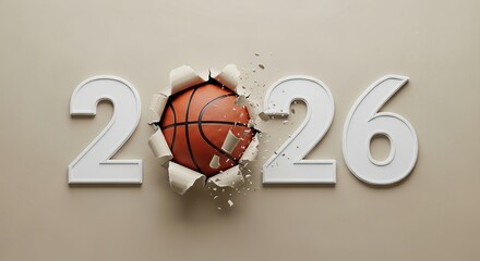 Basketball breaking through 2026, concept for the new year and sports event, beige background