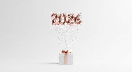 Rose gold 2026 balloon numbers floating above a white gift box isolated on white background