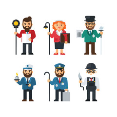 A diverse collection of six professional cartoon characters in a flat pixelated vector style representing various jobs.