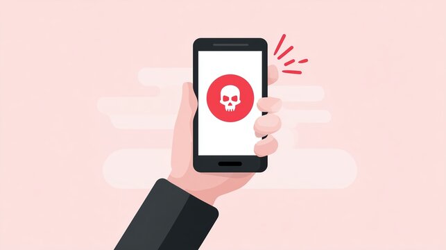 Hand holding smartphone displaying warning symbol with skull icon, alerting user to potential danger, set against a soft pink background, emphasizing digital safety concerns and awareness