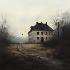 Obraz premium A hauntingly beautiful abandoned house surrounded by a mystical misty landscape, evoking feelings of nostalgia and mystery