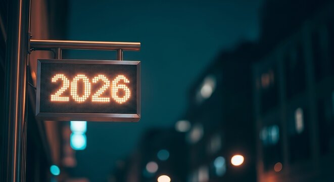 Illuminated 2026 sign glowing at night in a city street with blurred background