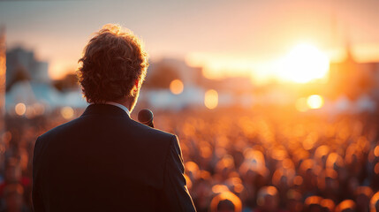 Man speaking into microphone addressing large outdoor crowd at sunset with warm golden light and blurred background gathering event