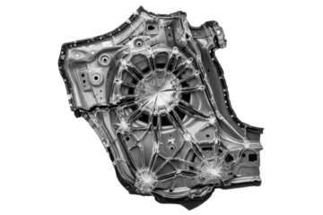 Damaged automotive metal panel with a shattered glass effect isolated on transparent background