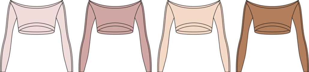 Collection of four sheer long-sleeved crop tops in different skin-tone shades, presented as a fashion mockup