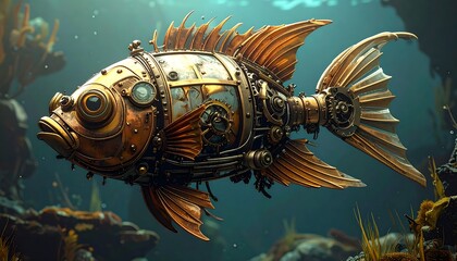 Fototapeta premium Metallic, mechanical fish swims underwater, detailed and steampunk-inspired
