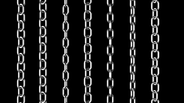 Metal chains in a row, 4K 3D loop animation transparent background