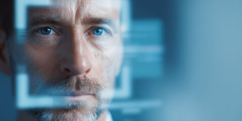 A serious man's face being scanned by a digital recognition system. The focus is on the man's face with the technology overlayed