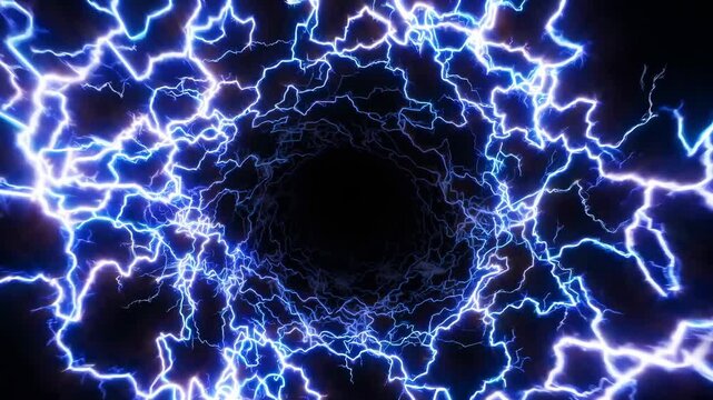 Blue electric lightning forms a dynamic vortex pattern on a dark background creating a sense of energy and power