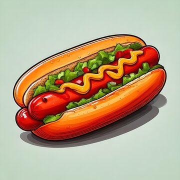 Delicious Hotdog with Mustard and Lettuce Illustration.