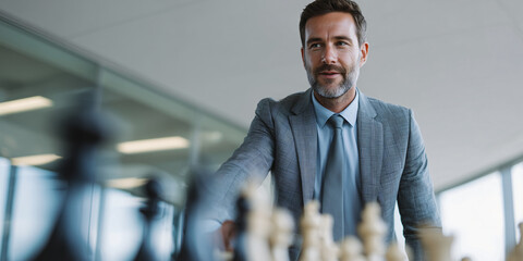 A businessman makes a strategic chess move, demonstrating intellect, focus, and foresight. He exemplifies the art of strategic planning and decision-making in a business environment. 