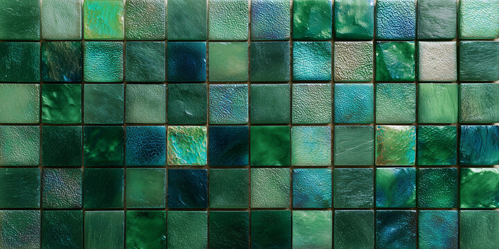 An eye-catching close-up shot of green mosaic tiles, creating a textured pattern