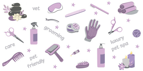 Luxury pet spa and grooming vector illustration set with lavender accessories, scissors, brushes, shampoo bottles, candles, and wellness care elements for dog and cat salon branding or pet-friendly de