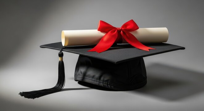 Graduation cap with diploma tied with red ribbon, symbolizing academic achievement and the culmination of educational journey