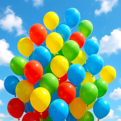 Colorful Balloon Delight: A vibrant bouquet of helium balloons dances against a bright blue sky, the perfect symbol of joy and celebration. 