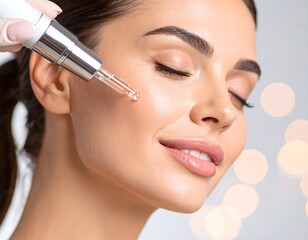 woman receiving serum facial, glowing skin, closeup beauty treatment, dropper, wellness spa