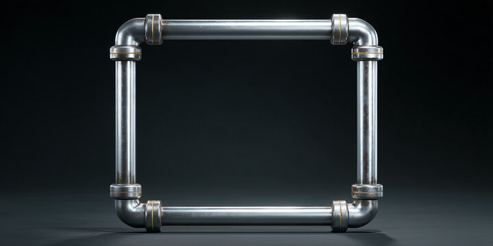 Metal piping arranged in a square shape, showcasing industrial design and engineering. The image highlights the precise connections and the overall structure