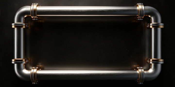A metallic rectangle frame constructed from industrial pipes on a dark background. The image has a sense of strength and solidity.