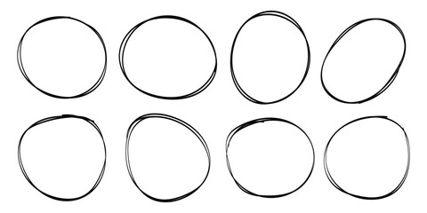 Hand drawn ovals and circles set. Ovals of different widths. Highlight circle frames . Rounds scribble line circles. Vector illustrations. eps 10 
