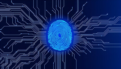 A blue fingerprint surrounded by circuit board patterns on a dark blue gradient background image