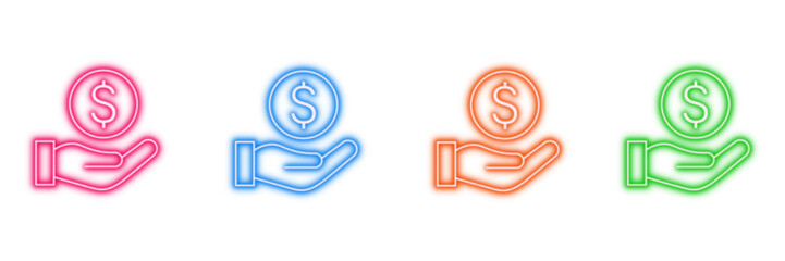 Neon glowing hand holding dollar coin vector icons set, money, finance, payment, donation, wealth, vibrant digital outline design illustration.