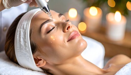 facial treatment procedure, woman at spa, relaxing beauty, professional skincare, candles
