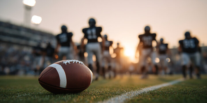 An American football on the field with a team standing in the background. The football is in focus, with the team blurred out, creating a dynamic sense of action.