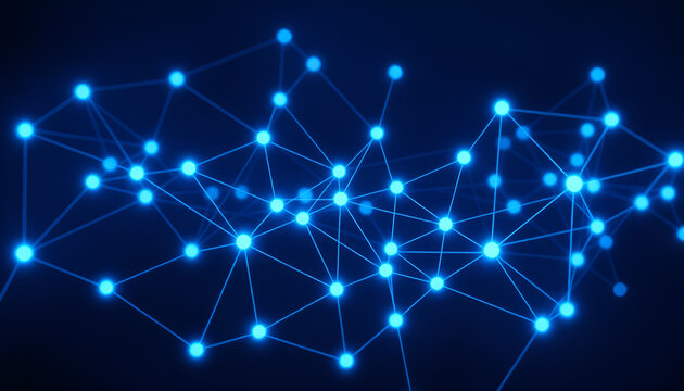 Abstract network of glowing blue dots connected by lines on a dark blue background design concept