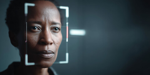 Biometric facial recognition technology scanning a woman's face in close up. The technology highlights her facial features, emphasizing security and identification