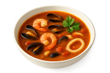 Bowl of seafood soup with shrimp, mussels, calamari rings in tomato broth, garnished parsley