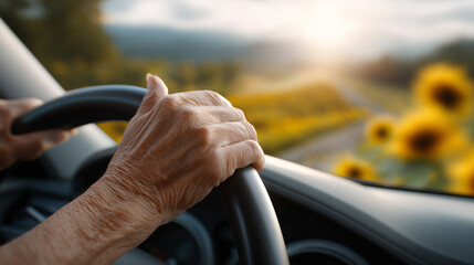 Senior hands gripping a steering wheel, driving a car through a vibrant sunflower field during a beautiful sunset, symbolizing a joyful road trip and the freedom of retirement