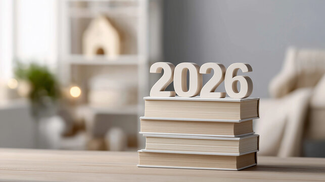 2026 year numbers standing on a stack of books, symbolizing future education, knowledge acquisition, academic planning, and a fresh start for learning goals with copy space