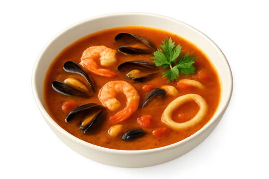 Bowl of seafood soup with shrimp, mussels, calamari rings in tomato broth, garnished parsley