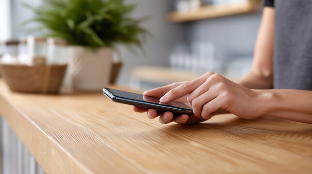 Human hands holding and touching smartphone screen, interacting with mobile technology and digital content for communication, online shopping, or entertainment in relaxed indoor setting with copy 