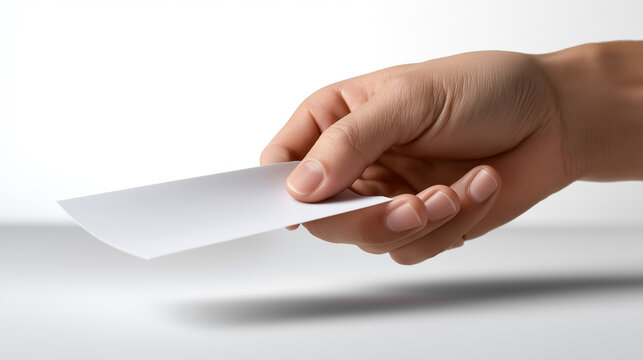 Hand extending a blank white business card forward, offering new connections, networking opportunities, or presenting information in a professional setting - Powered by Adobe