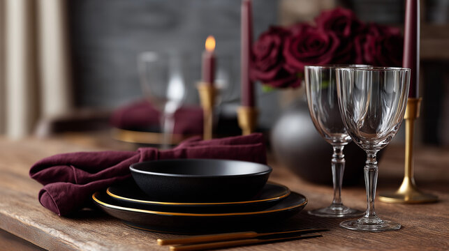 Elegant table setting creating a romantic atmosphere for a special dinner, featuring black and gold plates, wine glasses, candles, and deep red roses on a rustic wooden table