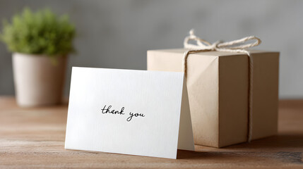 Thank you card standing next to a wrapped gift box, expressing gratitude, appreciation, and a message of thanks on a rustic wooden table with a plant in background
