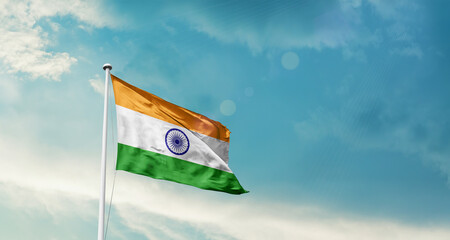 India national flag fluttering. The flag blowing in beautiful soft sky. India national flag for independence day.